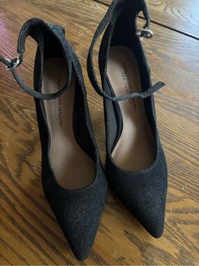 Christian Siriano Black Glitter Pointed Ankle-Strap Heels